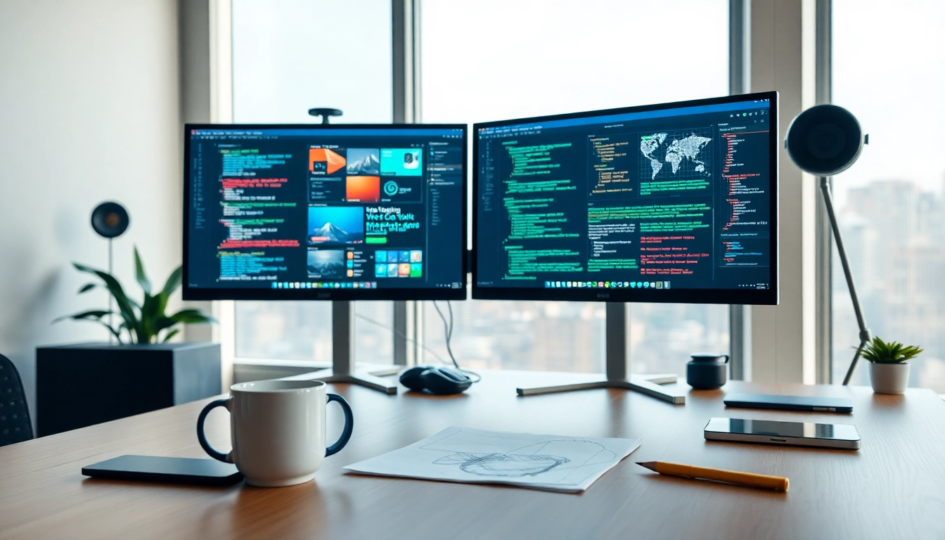 Showcasing New York web design services in a modern workspace with dual monitors and design tools.