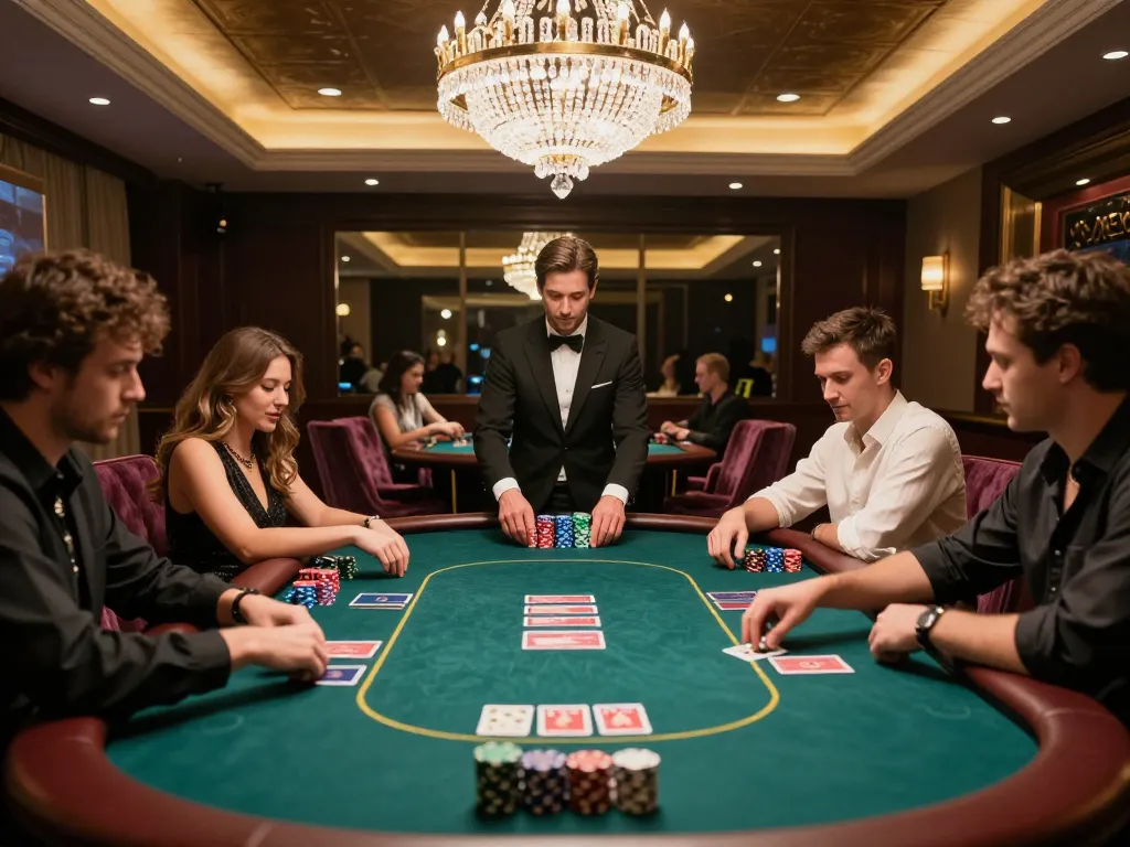 vipwin players celebrating a winning hand in a lavish casino VIP area with poker table and chips