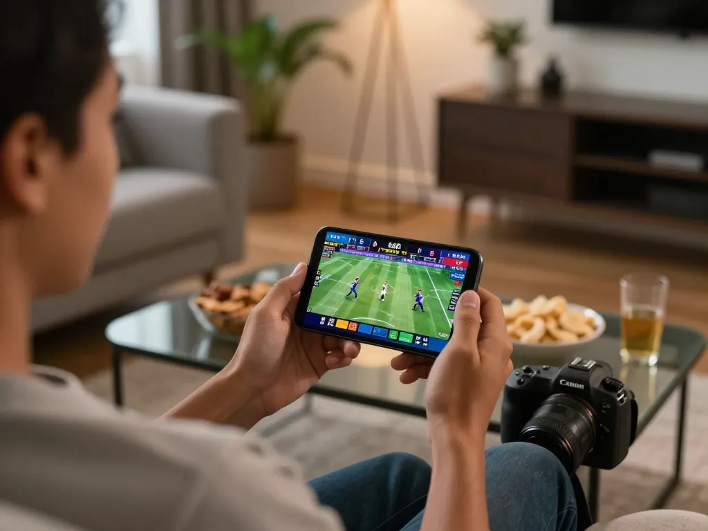 UU88 mobile sports betting scene featuring someone actively engaging on a smartphone in a cozy home setting.
