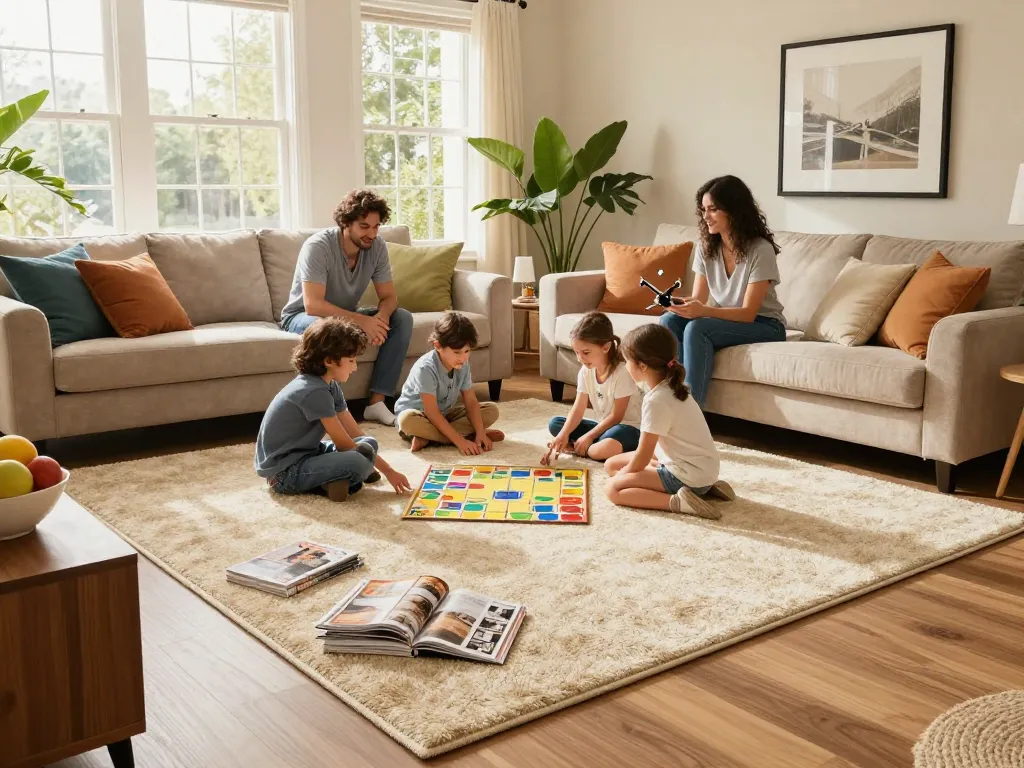 Affordable carpets London showcased in a cozy living room with a family enjoying a game on a plush carpet.
