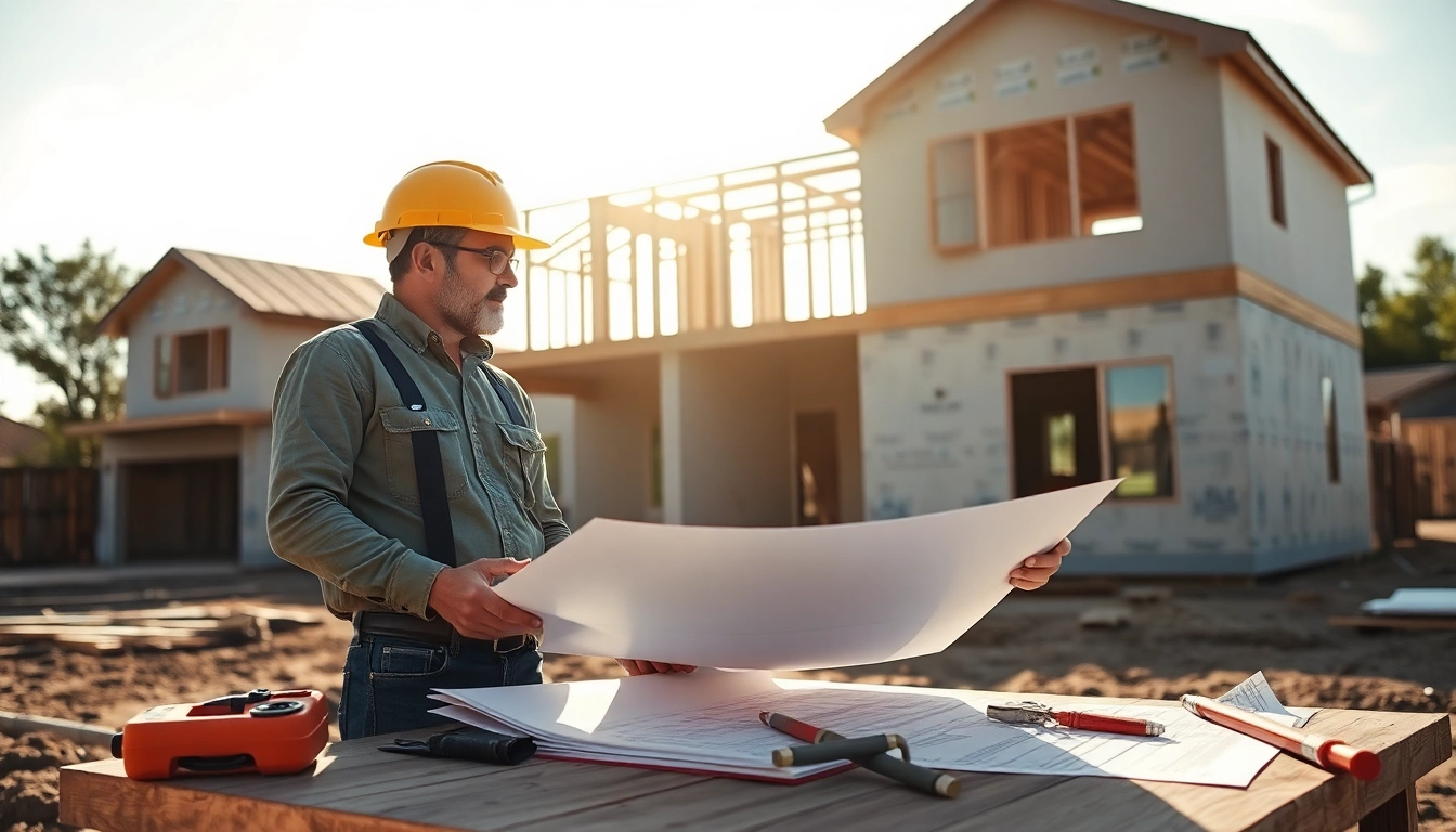 Austin general contractor collaborating with a homeowner over plans on a construction site.
