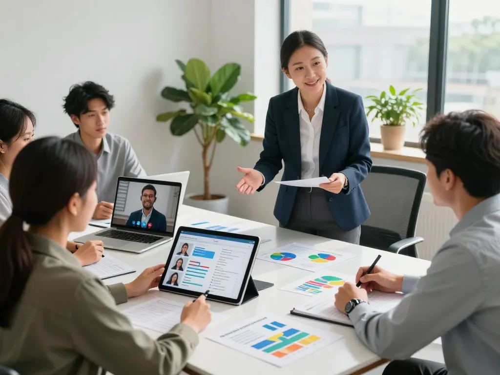 Professional recruitment team collaborating on temp agencies solutions, showcasing modern office environment with diverse members.