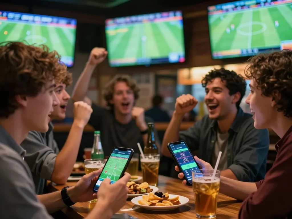 Excited fans engaging with kèo nhà cái in a bustling sports bar while watching live matches