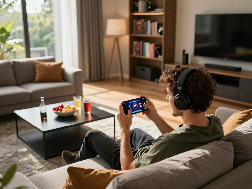 Player enjoying XOCDIA88 gameplay on smartphone in a cozy setting, showcasing a lively mobile gaming atmosphere.
