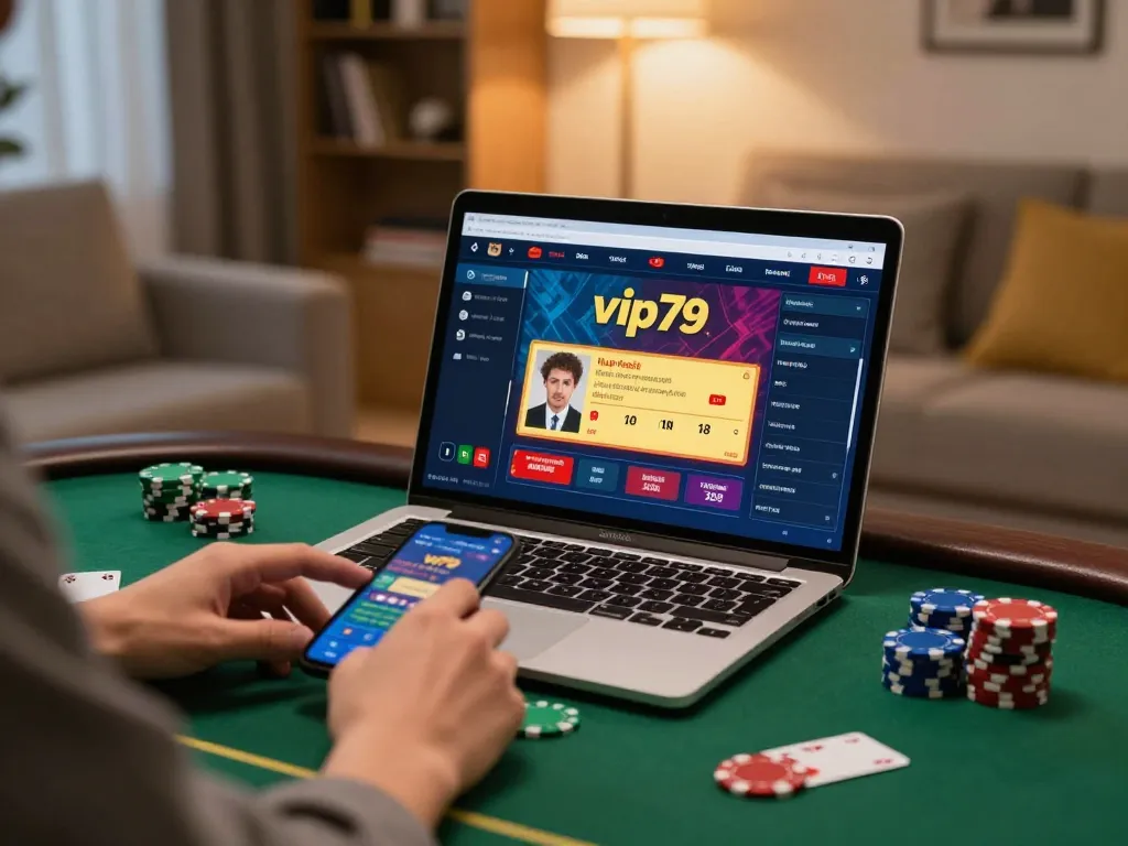 Engaging user betting on vip79 with laptop and smartphone, showcasing online gaming strategy.