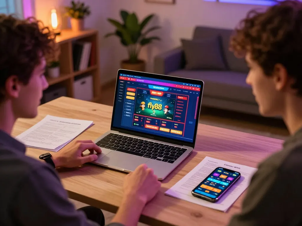 Engaging with fly88 online casino gaming on a stylish home setup, reflecting strategic insights.