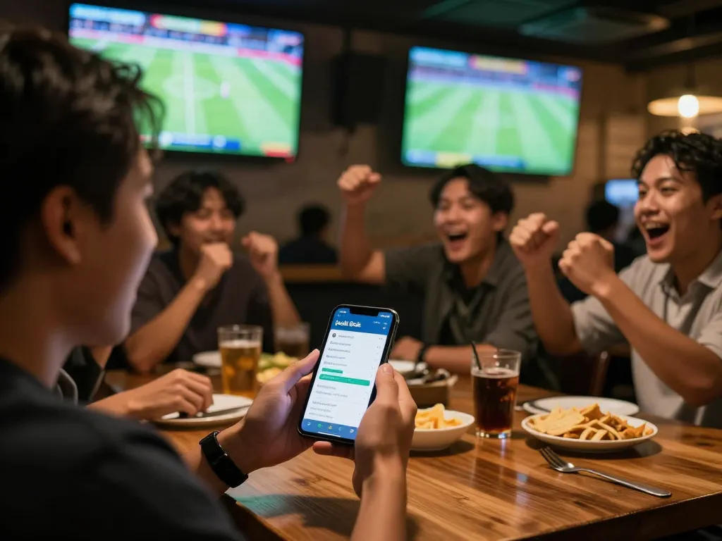 Pemandangan bar olahraga yang menarik menyoroti taruhan Judi Bola pada aplikasi seluler selama pertandingan sepak bola langsung.