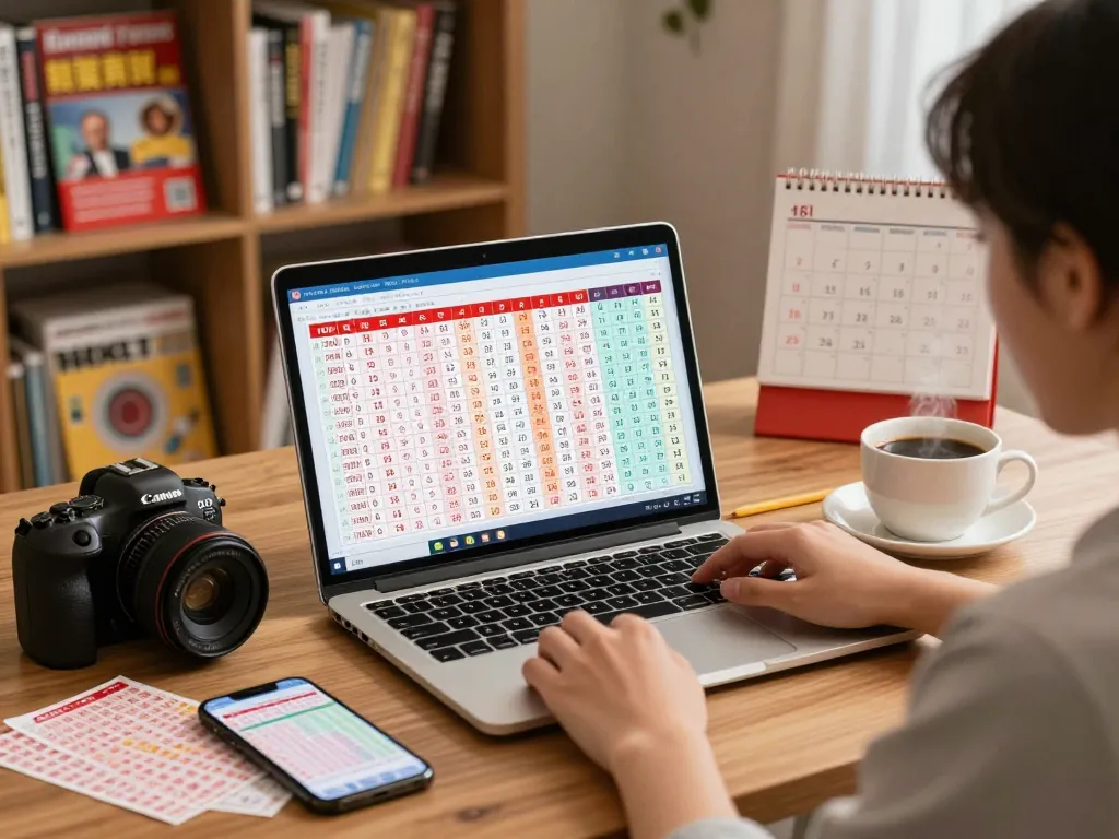 Menganalisis hasil HK Lotto di laptop di kantor rumah yang nyaman dengan tiket lotere.