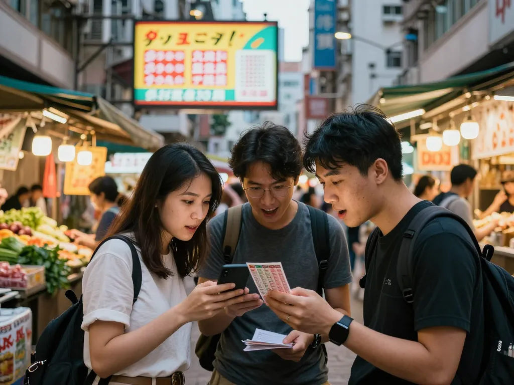 Orang-orang memeriksa hasil HK Lotto bersama di jalan Hong Kong yang ramai.