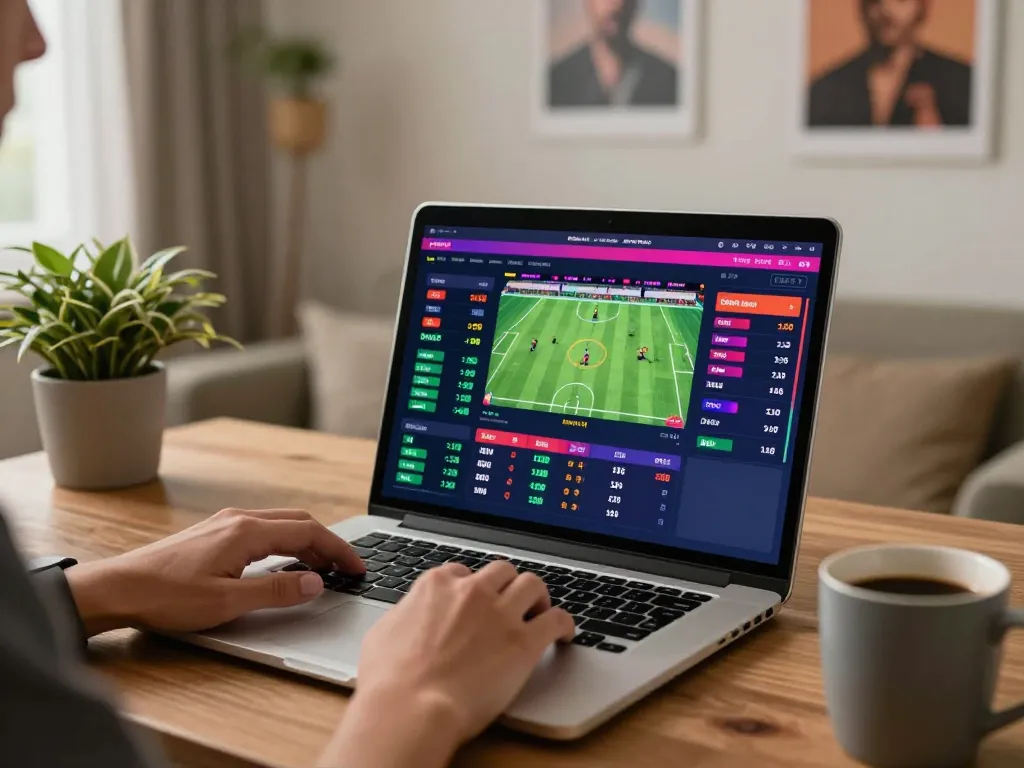 Engaging in online sports betting with tỷ lệ nhà cái displayed on the laptop screen, capturing the gaming thrill.
