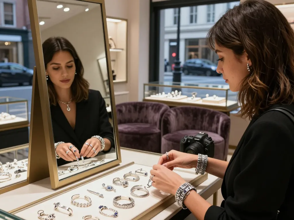 Fashionable woman trying on сребърни гривни in elegant jewelry boutique.