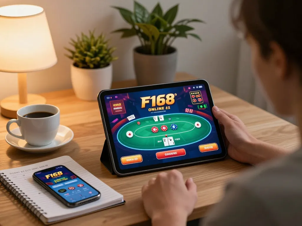 Person strategizing for f168 online casino gaming at home using a tablet and notebook.