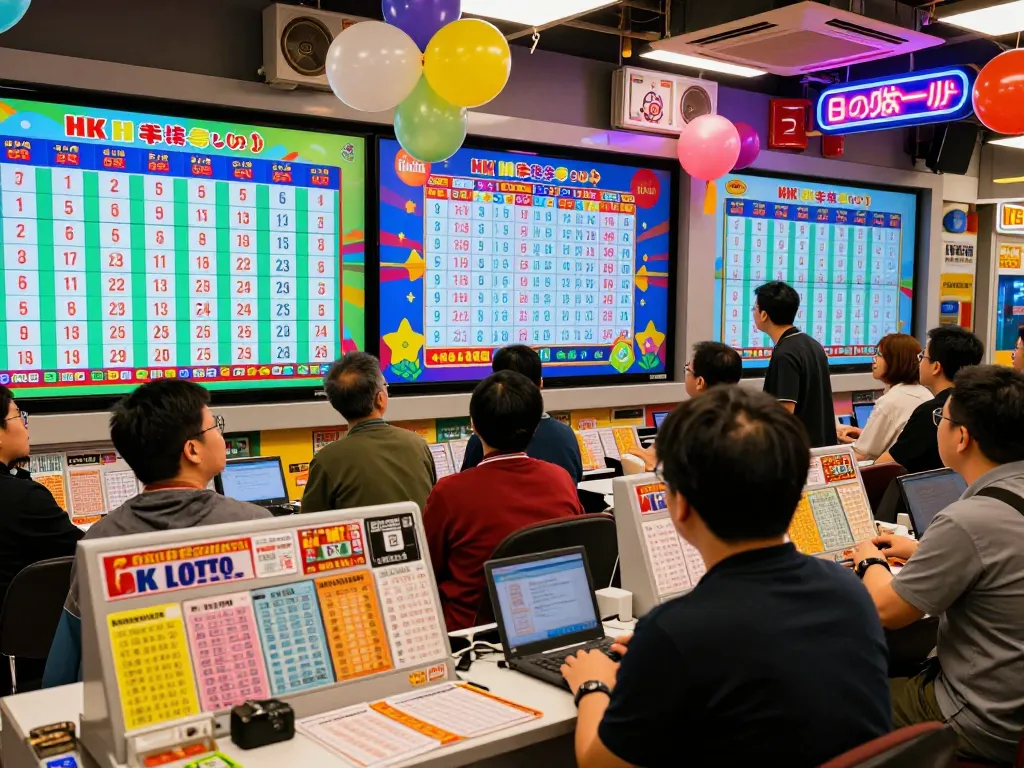 Acara undian langsung HK Lotto dengan pemain menyaksikan nomor pemenang yang ditampilkan di layar besar, suasana yang hidup dengan grafik berwarna-warni.