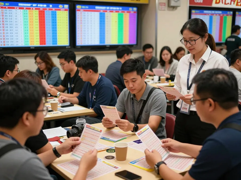 Pemain HK Lotto dengan antusias memeriksa tiket di lokasi lotere yang ramai.