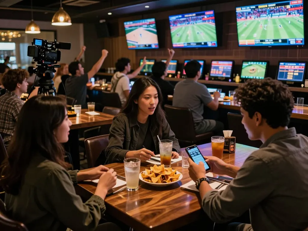 Tỷ lệ kèo nhà cái 5 displayed on a smartphone as fans cheer in a lively sports bar.