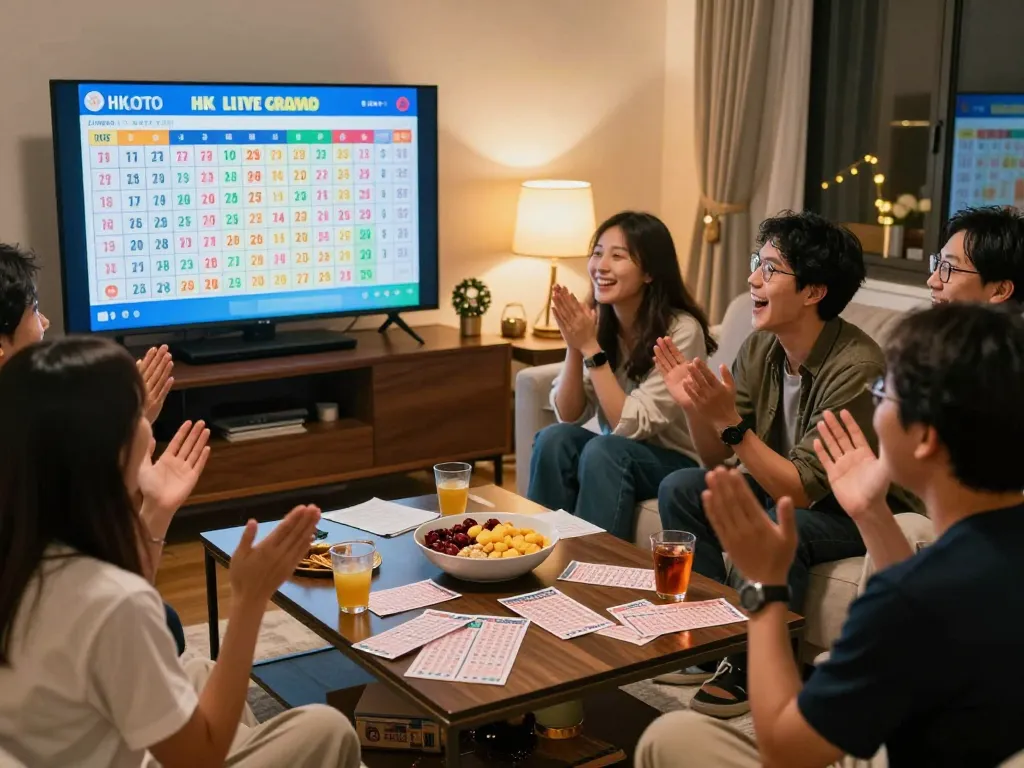Teman-teman yang bersemangat melihat hasil undian langsung HK Lotto bersama di ruang tamu yang nyaman.
