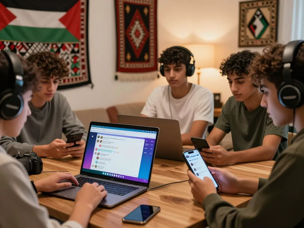 Engaged users in شات فلسطين chatting on laptops and phones, surrounded by cultural elements.