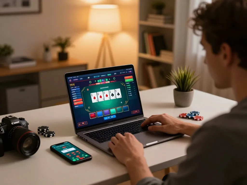 Engaging online poker gameplay on ko66, showcasing a cozy home setting with strategic betting.