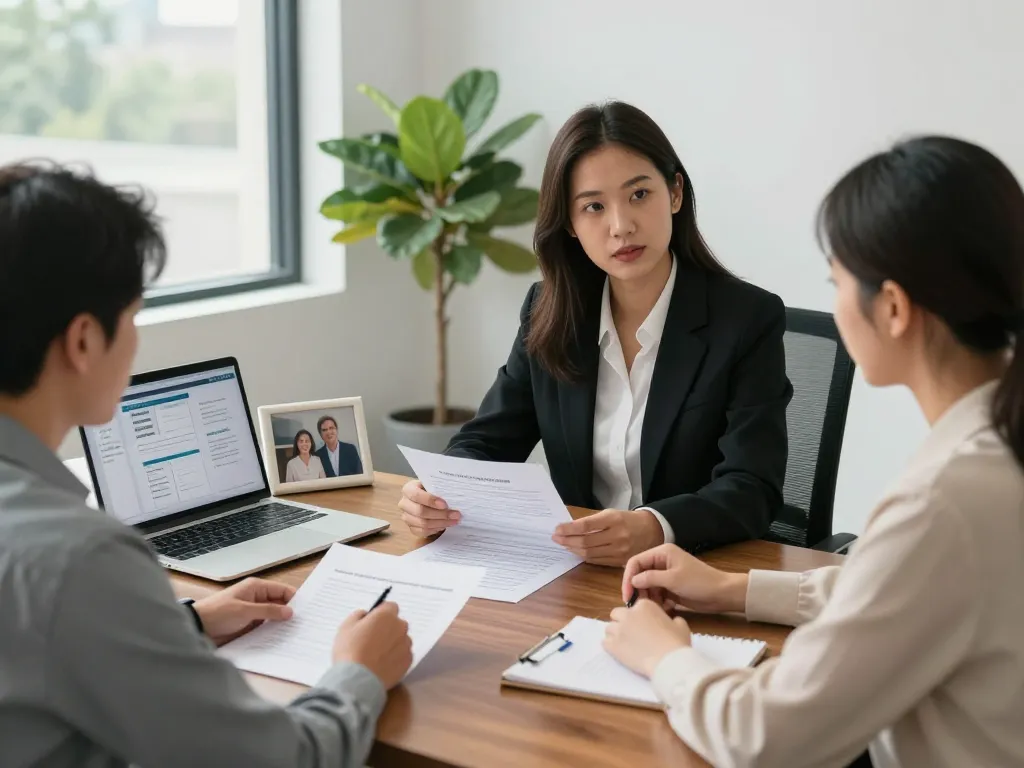 Estate planning lawyer Aurora consulting a couple with legal documents in a modern office.
