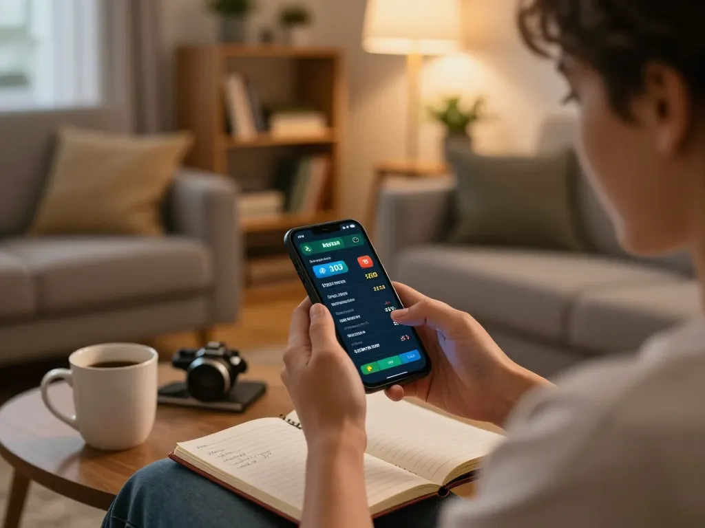 Xoilac user analyzing sports betting odds on smartphone while relaxing in a cozy living room.