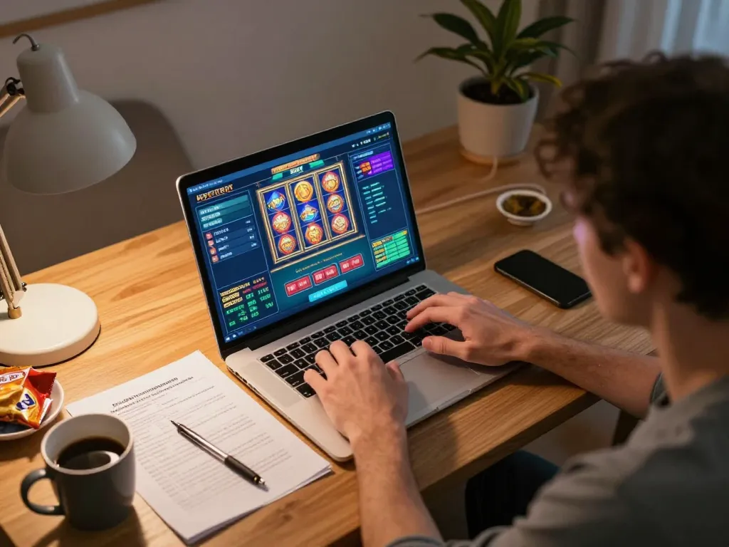 Engaging online gaming experience at home with luck8 on laptop, showcasing strategic gambling moments.