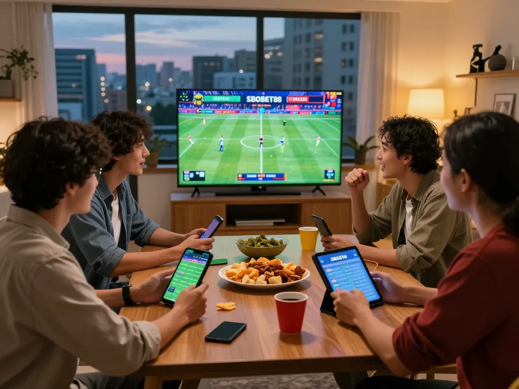 Friends enjoying sports betting together on SBOBET88 with snacks and lively decor.