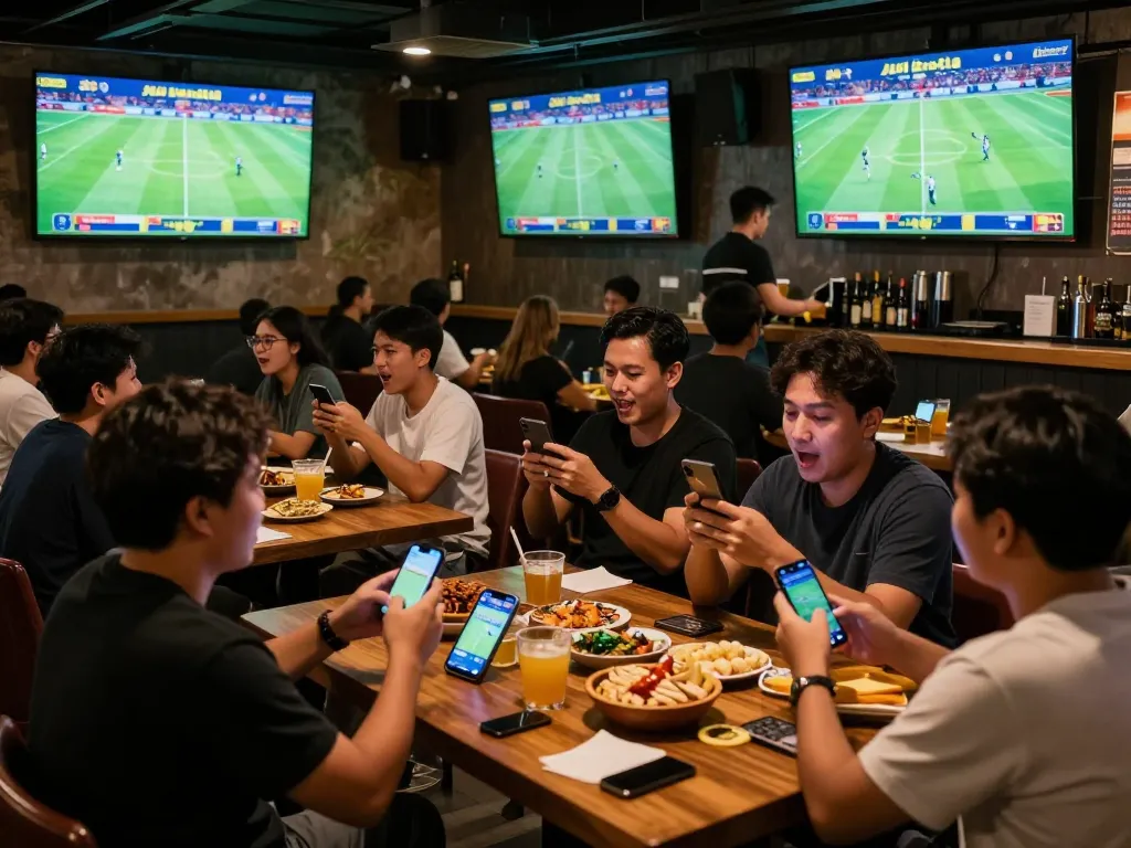 Penggemar terlibat dalam taruhan judi bola di sebuah bar olahraga, menangkap suasana semangat dan sosial.
