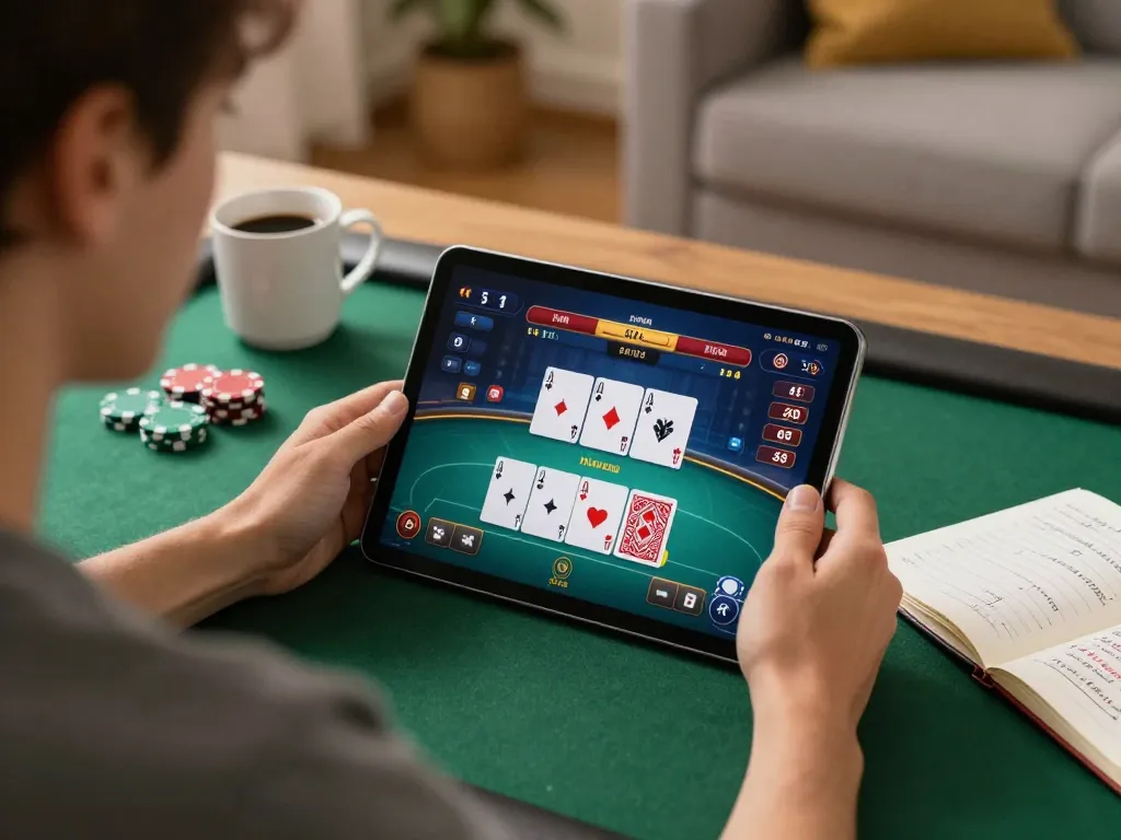 Player enjoying sam86 poker on a tablet in a cozy home setting, warm atmosphere.