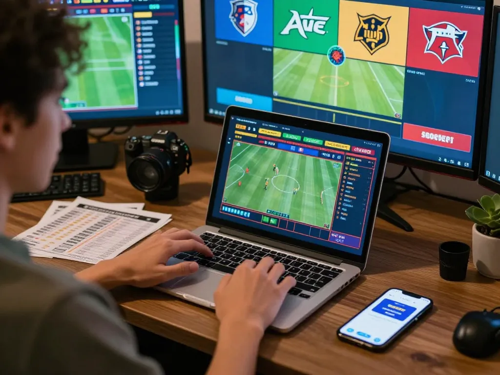 Engaging SBOBET online betting scene with a player using a laptop in a cozy home office