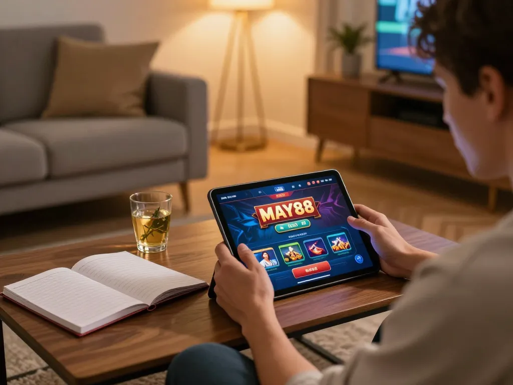 MAY88 user enjoying online gaming on tablet in cozy living room, reflecting a strategic gambling approach.