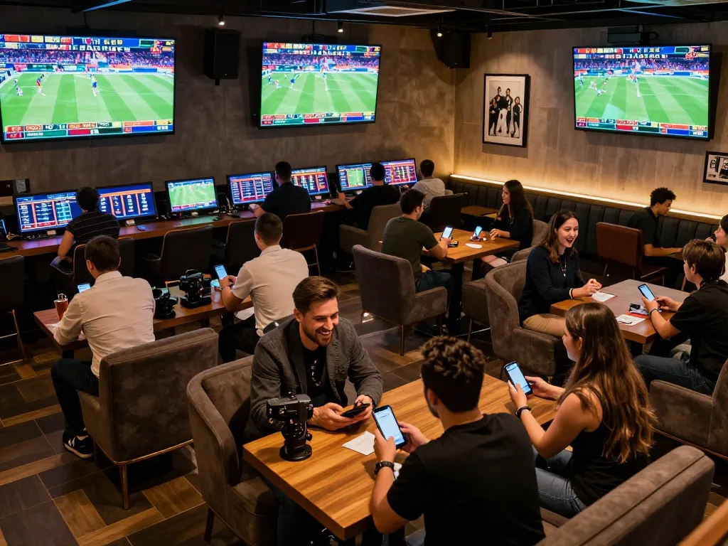 Pengguna SBOBET merayakan kemenangan saat terlibat dalam suasana lounge taruhan olahraga yang dinamis.