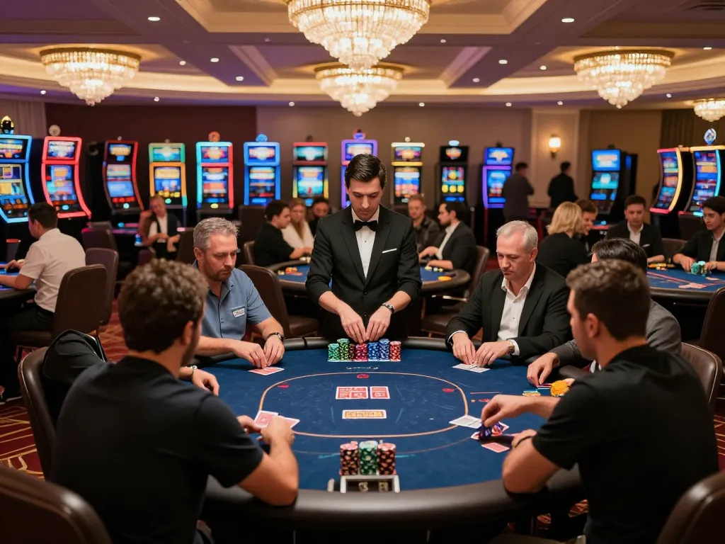 Experience keo nha cai excitement with players engaged at poker tables in a vibrant casino.