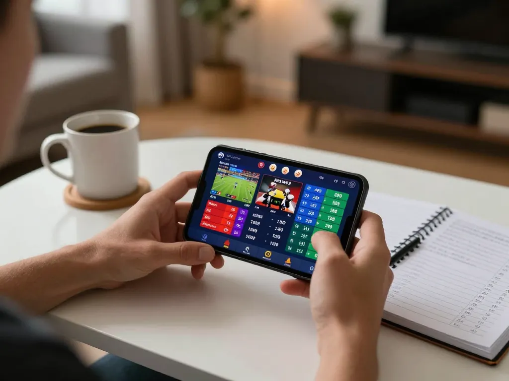 Engaging in mobile sports betting with ee88go displayed on a sleek smartphone in a cozy home atmosphere.