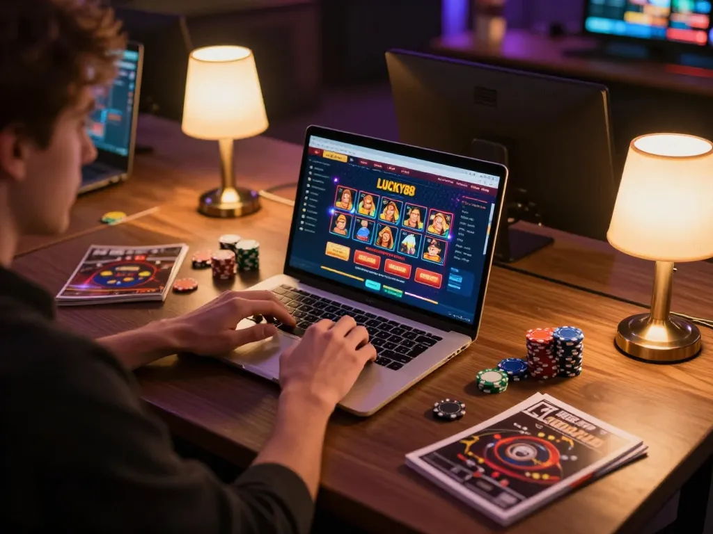 LUCKY88 online gaming experience showcasing an engaged player on a laptop with vibrant colors and warm lighting.