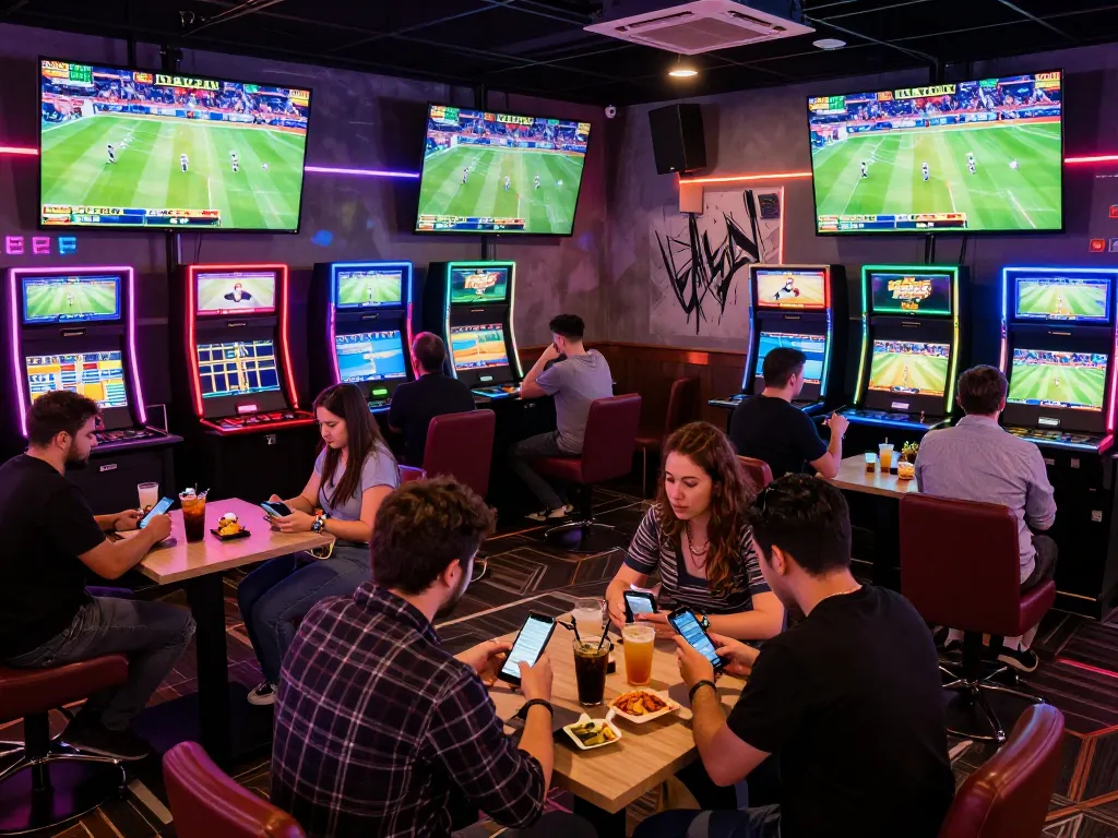 Patrons enjoying the debet sports betting experience in a lively lounge with screens and mobile devices.