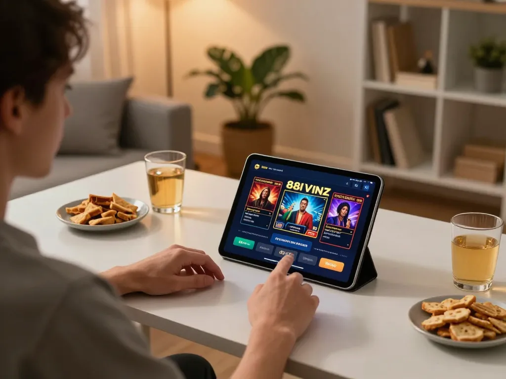 Engaging with the 88VIN app for online gaming in a cozy home setting.