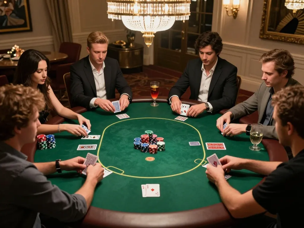 Players enjoying a high-stakes poker game in a luxurious room, showcasing the DA88 strategic moments.