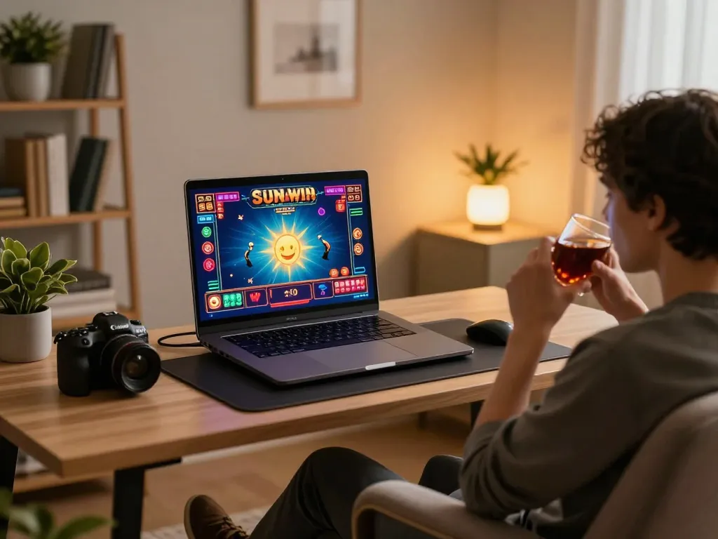 Engaging in exciting gameplay with sunwin casino on a laptop, cozy home setup.