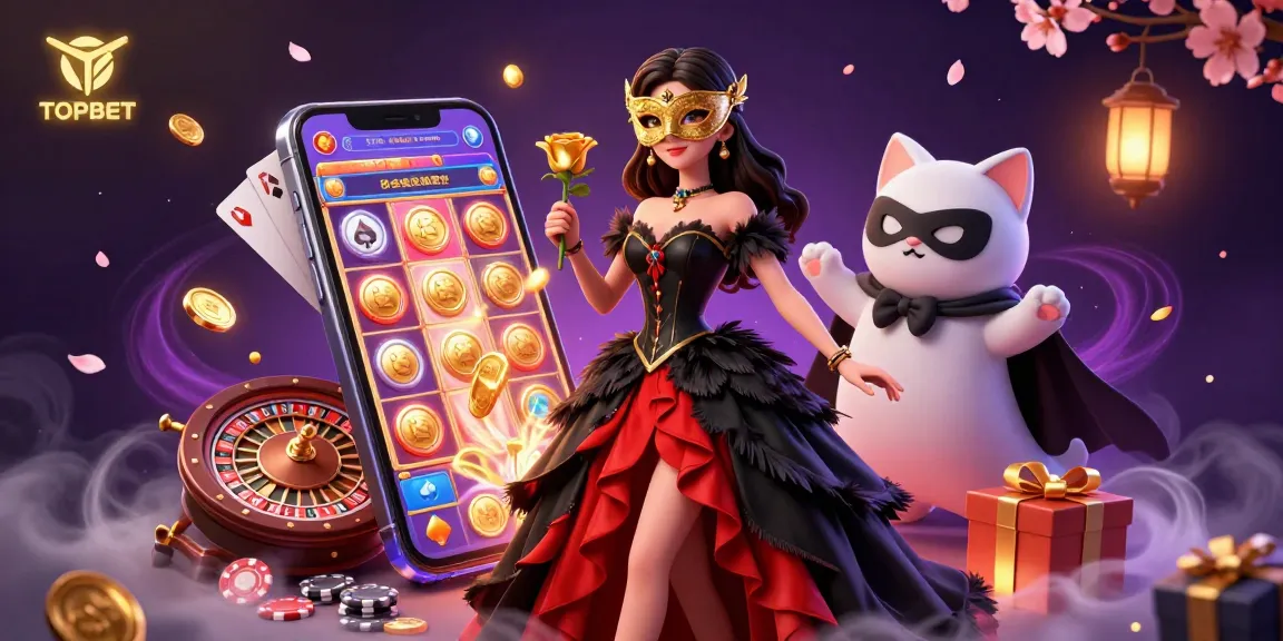 Engage with gaming magic at TOPBET with a 3D illustration of slots and casino thrills.