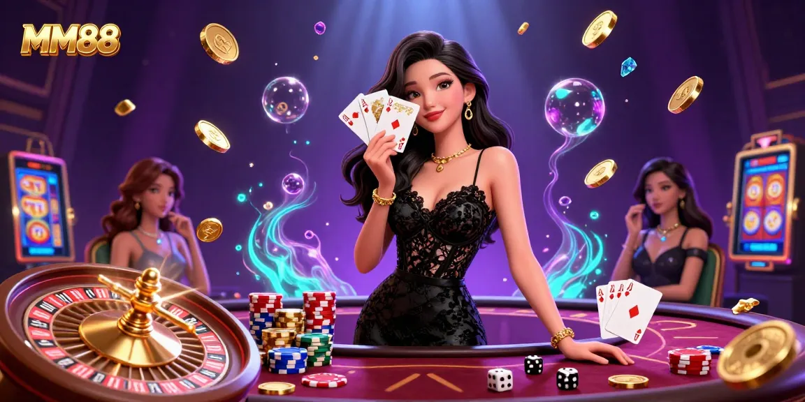 Experience the thrill of MM88 with elegant gaming elements in a vibrant casino scene.