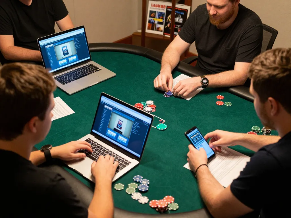 Players strategizing in an online Lucky88 poker game from home, showing intense focus and friendly competition.