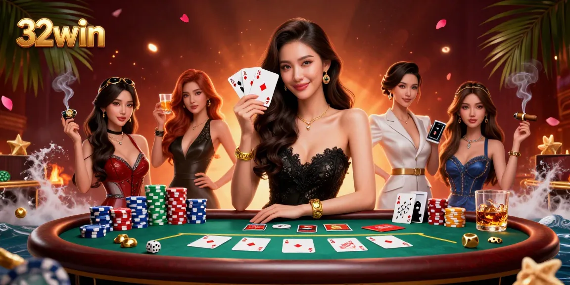 Experience thrilling gameplay with 32win's immersive casino scene showcasing poker elements and champions.