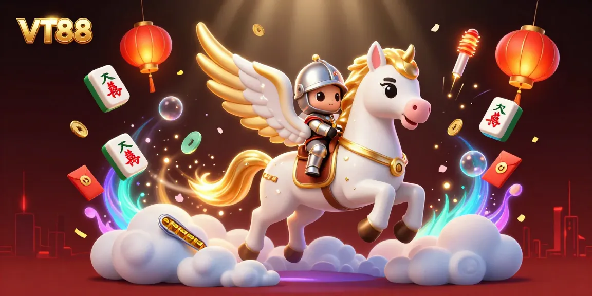 Experience VT88 with a celestial horse galloping through a vivid casino-themed scene filled with dynamic gaming elements.