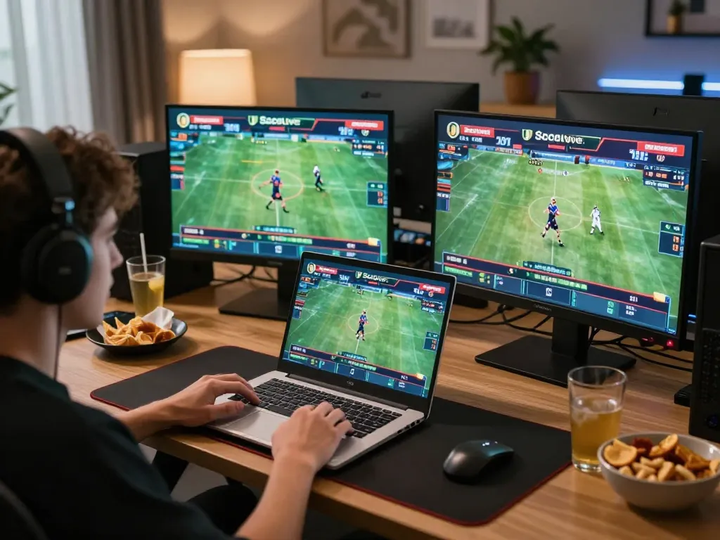 Socolive user actively placing bets during a live football match on a laptop with excitement.