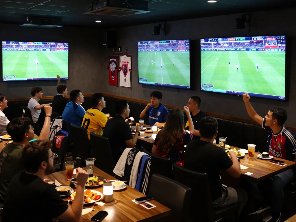Xoilac TV fans cheering for live matches at a sports bar with excitement and camaraderie