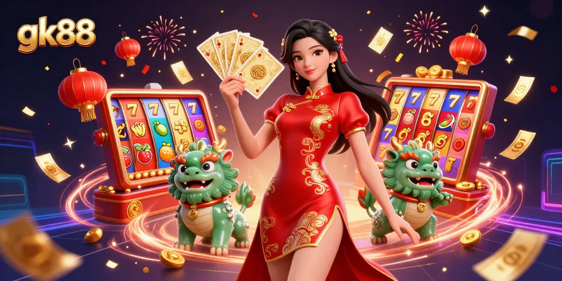 gk88 spins colorful slot reels with an elegant woman in crimson dress and jade lion guardian