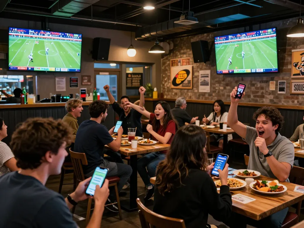 Fans cheering and placing bets through Socolive link at a vibrant sports bar during live matches