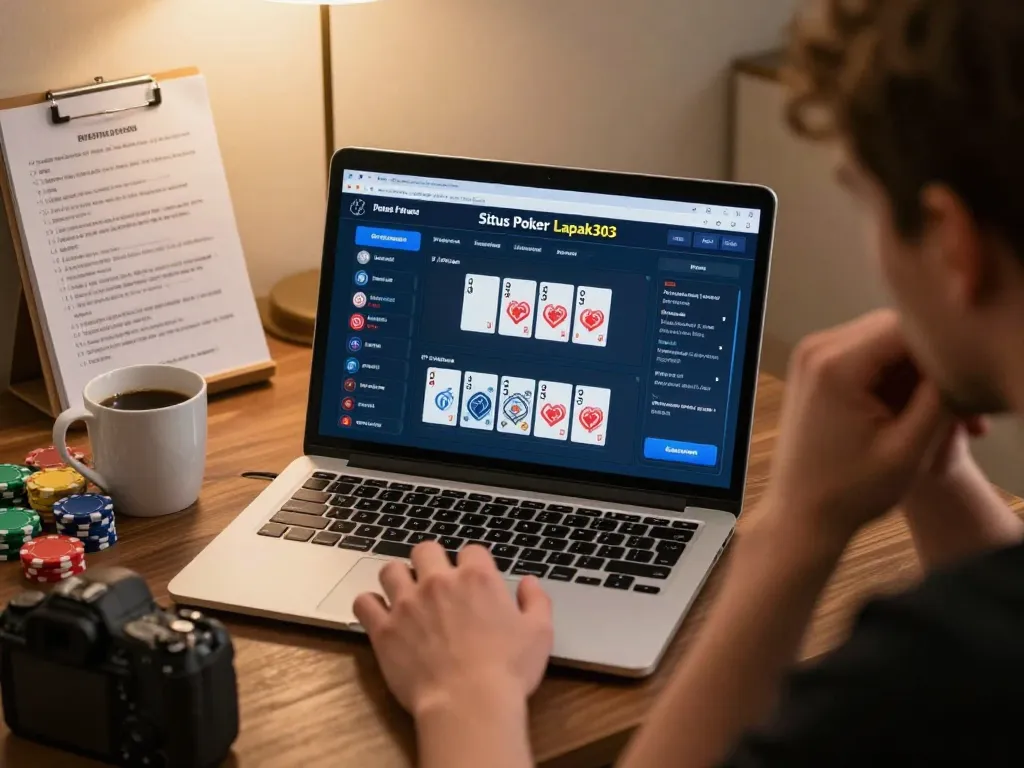 Situs Poker Lapak303 player engaging in online poker strategy at home with laptop and notes.