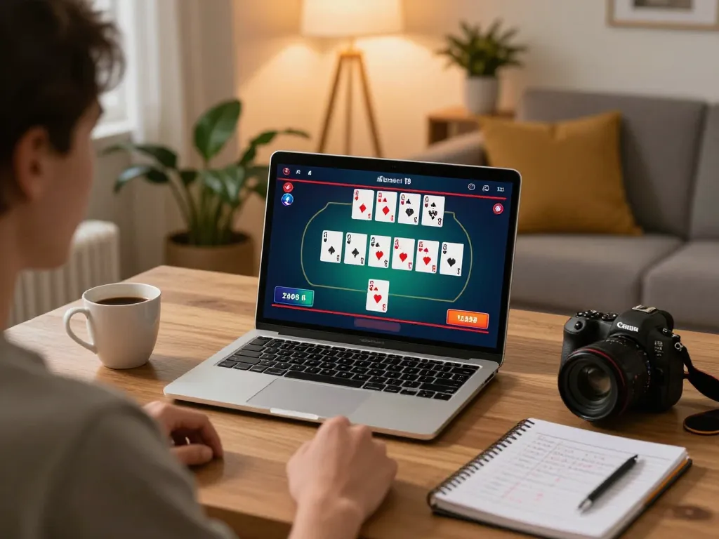 Engaging in online poker at five88 with a laptop and detailed betting strategies.
