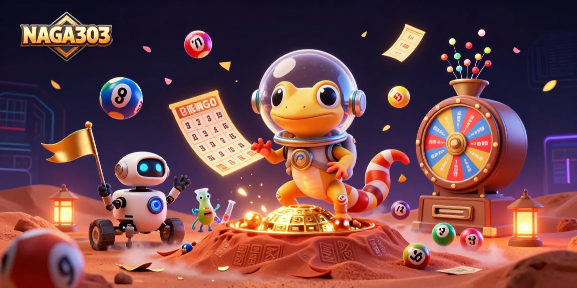 NAGA303 engages players with vibrant lottery balls and a golden casino under a Martian landscape.